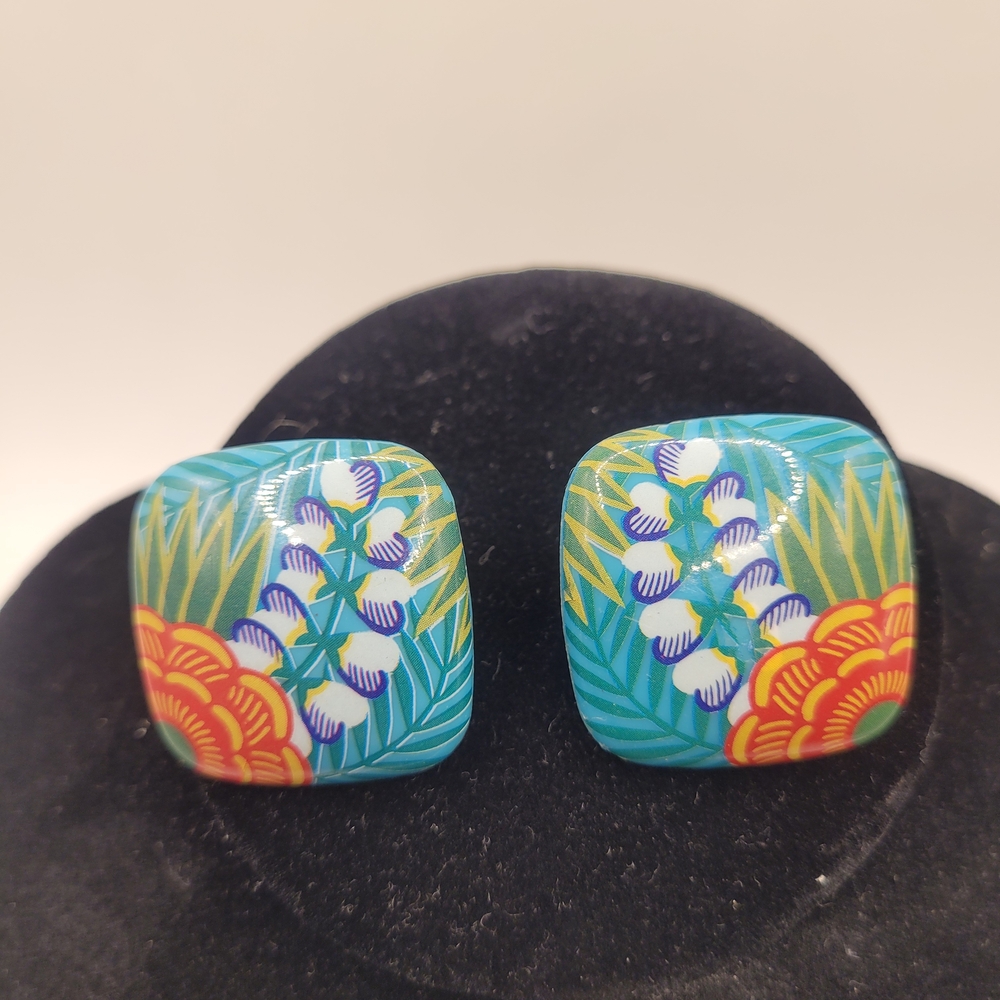 Vintage Square Artisan Turquoise Red Poppy Flower Leaf Stud Earrings